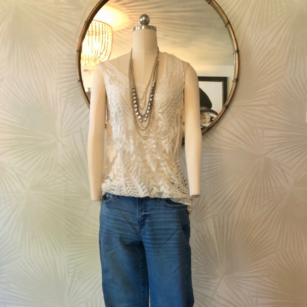 Knapp Studios Embroidered Sleeveless Floral Lace Tank Top in Cream Size 1X
